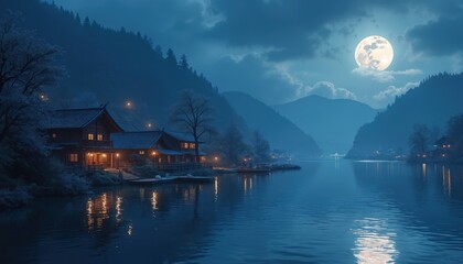 Fototapeta premium Moonlight illuminates tranquil water village scene. Traditional Asian architecture sits by calm lake reflecting full moon glow. Serene night landscape evokes peaceful, romantic, dreamlike atmosphere,
