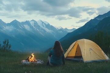 Woman Camping by Fire Near Yellow Tent with Mountain View in Dusk Light