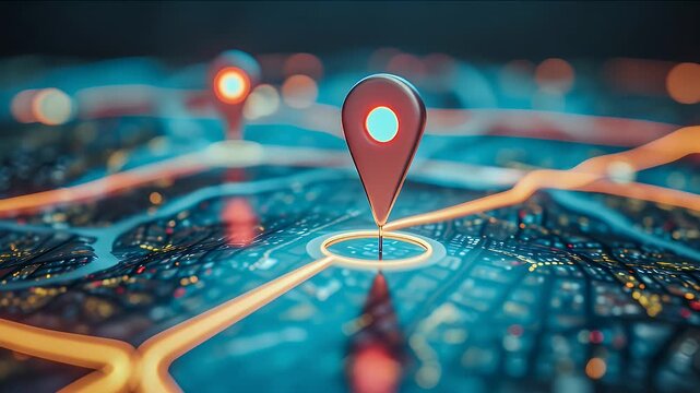 抽象的な赤い位置ピンと発光道路を持つデジタル地図技術の背景