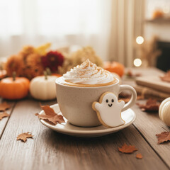 cup of coffee with cinnamon and a cookie of a ghost