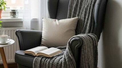Cozy reading nook featuring a dark grey wingback armchair with a soft blanket and an open book, creating a peaceful and inviting atmosphere for relaxation. - Powered by Adobe