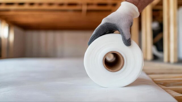 Construction worker unrolling protective vapor barrier membrane across wooden subfloor, preventing moisture damage and enhancing home insulation during residential building phase