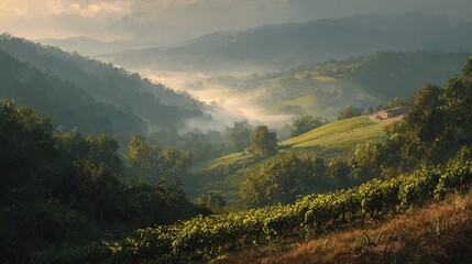 Vineyard on sloping hills, mist rising from valleys, golden light touching the leaves and grape clusters