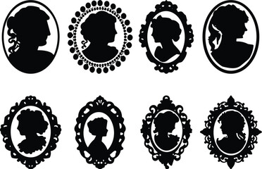 Vintage silhouette portraits, ornate oval frames, Victorian style profiles, classical fashion icons, black vector illustration, historical design elements