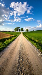 A picturesque dirt road stretches into a vibrant rural landscape beneath a beautiful summer sky.