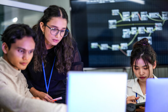 A female team leader mentors her junior IT staff in a tech office. The diverse group is working together on a complex software project, analyzing data on their computers. - Powered by Adobe