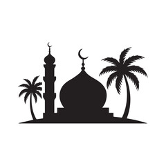 Obraz premium Silhouette of a mosque with a dome and minaret, flanked by palm trees, representing islamic culture and faith