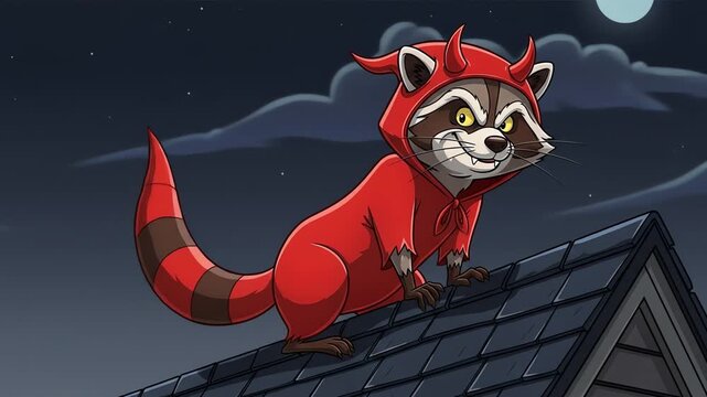 Raccoon in devil costume on a rooftop at night