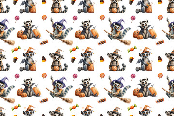 Seamless Halloween pattern with cute lemurs in witch hats flying on broomsticks, holding pumpkins, cauldrons, lanterns, and surrounded by spooky candy, lollipops, and festive holiday decorations.