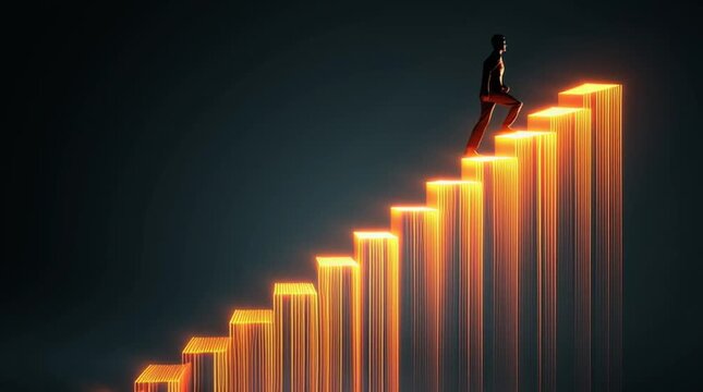 Conceptual scene of a person climbing a staircase formed by glowing holographic bar charts, symbolizing career growth, professional success, ambition, and steady progress in a modern business context.