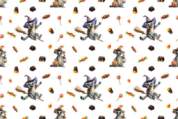 Seamless Halloween pattern with cute lemurs in witch hats flying on broomsticks, holding pumpkins, cauldrons, lanterns, and surrounded by spooky candy, lollipops, and festive holiday decorations.