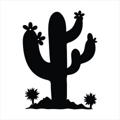 Black silhouette of a saguaro cactus with flowers and desert plants