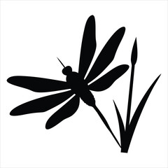 Black silhouette of a dragonfly perched on a reed against a white background