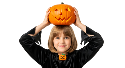 Smiling Young Girl in Halloween Costume Holding a Jack-o'-lantern on Her Head