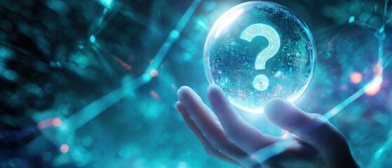 The Question Mark Orb Cradled in a Glowing Hand Amid Futuristic Digital Network