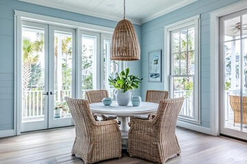 Dining room with round table wicker chairs and large windows light blue walls.