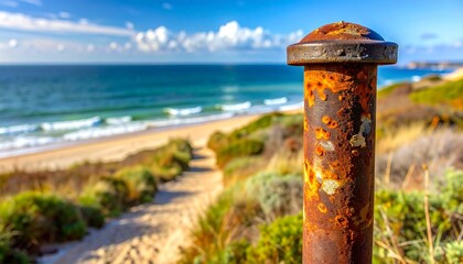 Fototapeta premium Rusty Metal Post Overlooking Coastal Beach Path