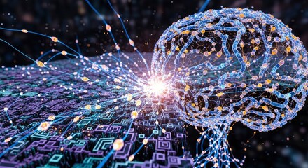 Stylized brain model of glowing nodes and lines connects to a complex circuit landscape via luminous blue streams and energy bursts