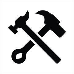 Black silhouette of crossed hammers and a wrench on a white background