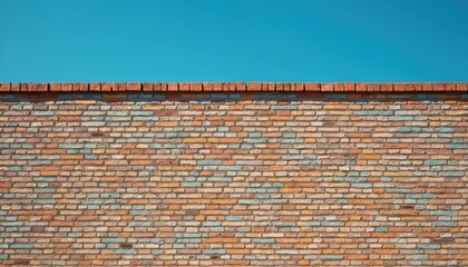 Multicolored brick wall texture with varied tones of orange, brown, blue bricks. Clear blue sky forms backdrop above weathered masonry. Building material offers rustic, aged facade perfect for