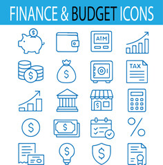 Finance and Budget Icon Set – Minimal Blue Line Vector Pack with Piggy Bank, Wallet, Credit Card, ATM, Calculator, Tax Document, Investment Chart