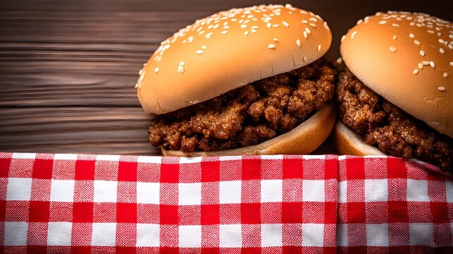 red and white picnic cloth with burgers and drinks on bottom, empty top for text, top view 