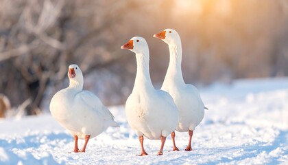 Three White Geese Snowy Landscape