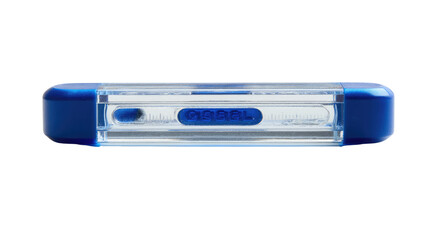 Clear plastic case with blue ends, showing a small, possibly medicinal, item inside