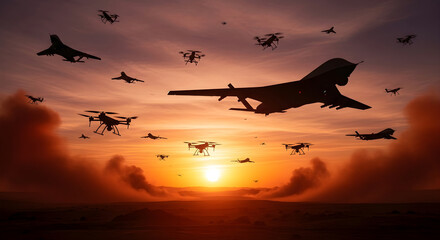A fleet of military aircraft and drones flies in formation against a dramatic sunset sky, symbolizing air power and advanced technology in aerial warfare
