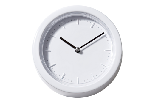 White clock, minimalist design, studio shot, clean background, time management