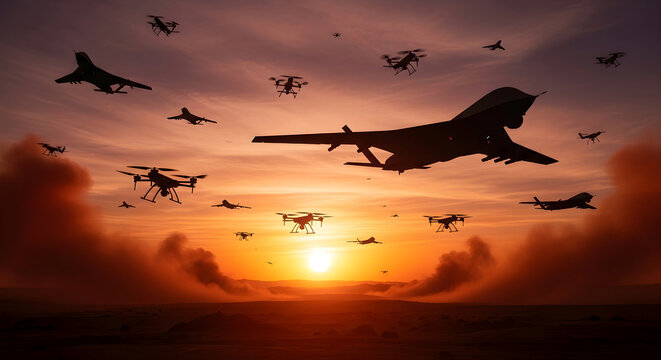 A fleet of military aircraft and drones flies in formation against a dramatic sunset sky, symbolizing air power and advanced technology in aerial warfare - Powered by Adobe
