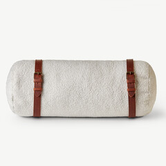 Long white bolster pillow with brown leather straps on white background