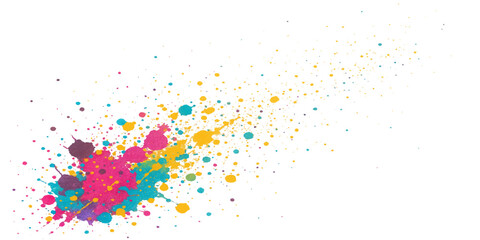 Abstract and vibrant, this image features colorful paint splashes and ink splats on a white background, creating a decorative watercolor pattern