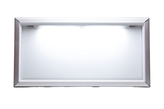 Illuminated display case, blank, studio, white background, retail
