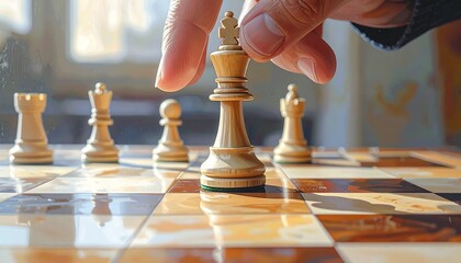 A hand strategically positions a light-colored chess king on a polished wooden chessboard, suggesting a moment of critical decision-making in a  of chess.