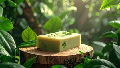 Natural Handmade Soap Bar on Wood in Green Garden