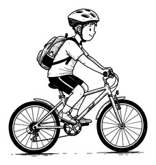 Fototapeta premium Little Boy Cycling with Backpack and Helmet Black and White Outline Line Art Drawing Side View Illustration