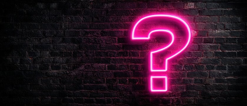 The Neon Question Mark Glowing Pink on a Dark Brick Wall Background - Powered by Adobe