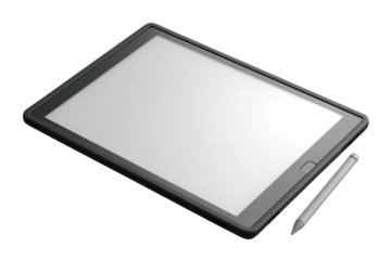Tablet computer with stylus.  Flatlay, angled view