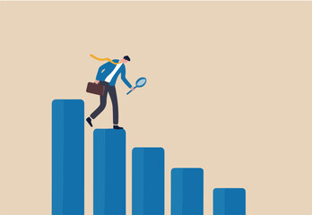 Business decline, loss or profit reduction, investment forecast of economic recession, negative return, price drop or financial downturn concept, businessman analyze declining bar graph and chart.