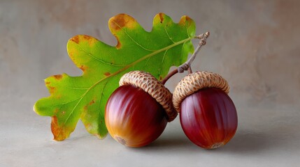 Two acorns are sitting on a leaf. The acorns are brown and the leaf is green