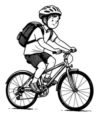 Naklejka premium Little Boy Cycling with Backpack and Helmet Black and White Outline Line Art Drawing Vector Illustration
