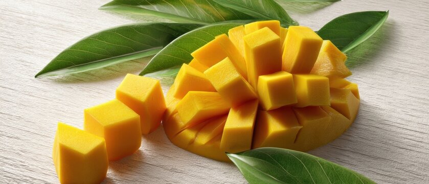 The Mango Cubes on a Light Wooden Surface with Fresh Green Leaves