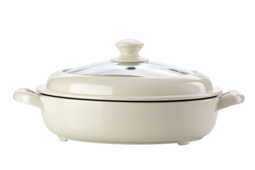 Oval, cream-colored ceramic casserole dish with glass lid.  Features handles and a smooth surface