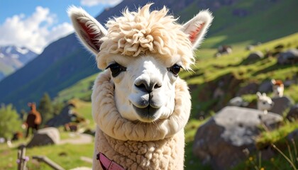 Obraz premium Close-up of a friendly alpaca with fluffy fur against a backdrop of scenic mountains and a grassy meadow.
