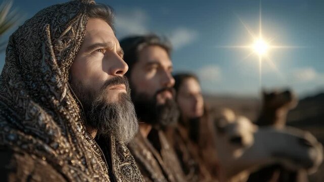 Biblical magi tale: wise foreigners, three kings, holy pilgrimage, jesus nativity, star following, divine revelation, eastern sages, sacred journey, messiah arrival, gospel account, prophetic vision,