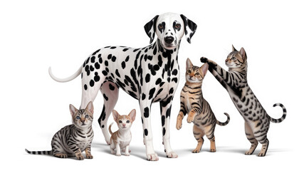 Naklejka premium Dalmatian dog surrounded by playful cats isolated on white background