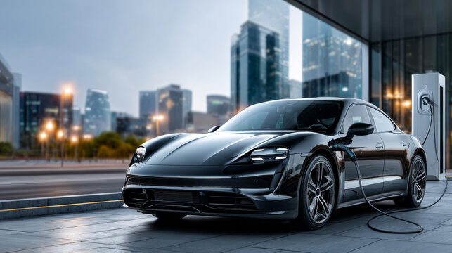 Sleek black electric sports car plugged into charging station in modern city setting at dusk. Urban EV infrastructure and sustainable mobility.