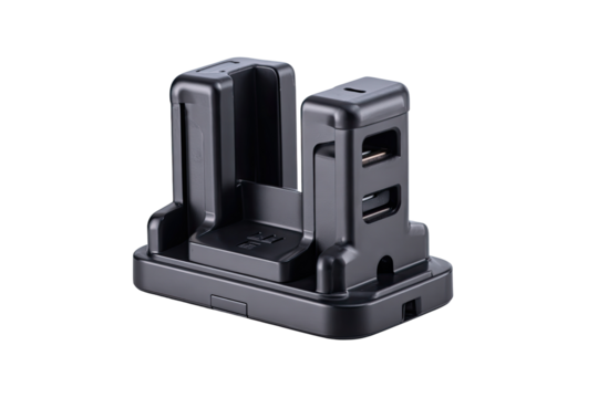 Dual USB charging dock, studio shot, black background, tech accessories