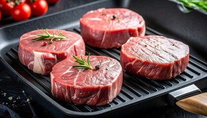 Four raw steaks in a black griddle pan. Fresh and ready to cook